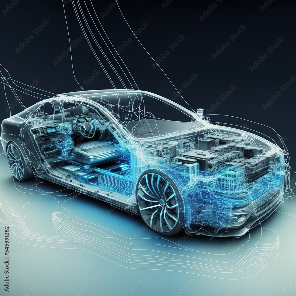 Poster A hologram of a Car in the HUD UI style. Futuristic service, scanning and automatic data analysis. Car development. 3d illustration