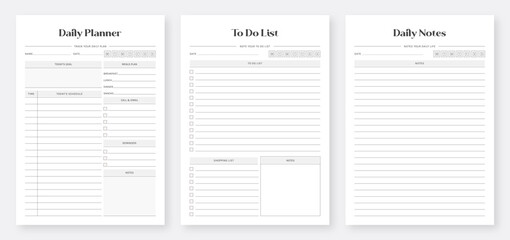 Daily planner with To Do List. Daily Note Planners. To Do List. Shopping List. Daily planner, Note paper, To do list planner. Organizer & Schedule Planner. Daily planner template. Notebook pages.