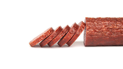 Premium smoked, dry and maturing salami sausage stick with pork and wild boar isolated on white background