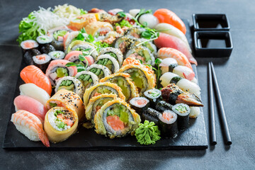 Delicious and healthy sushi set made of rice and vegetables.