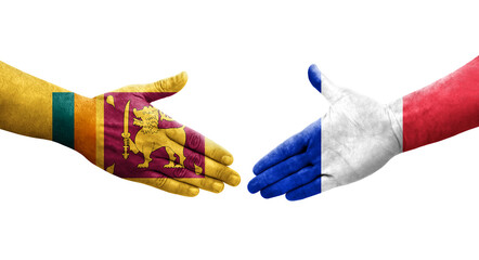 Handshake between Sri Lanka and France flags painted on hands, isolated transparent image.