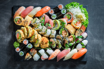 Tasty and fresh sushi set served with wasabi.