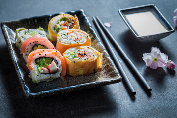 Fresh and colorful sushi set made of rice and vegetables.