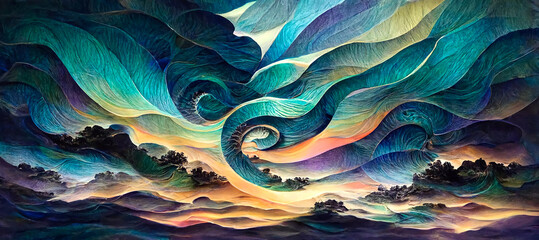 Abstracte organische golven. Kleurrijk kunstlandschap met organische golven en vormen. Achtergrond illustratie. Digitaal kunstbeeld.