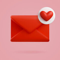 Red envelope with a new message with a heart 3d. The concept of love email for Valentine's Day. Vector realistic icon