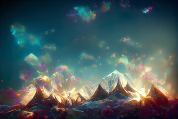 Beautiful landscape of fantasy mountain and colorful background, digital illustration art, fantasy scene concept. Great as wallpaper, backdrop or for use in your art projects.