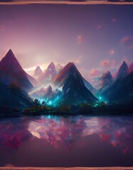 Fototapeta na wymiar Beautiful landscape of fantasy mountain and colorful background, digital illustration art, fantasy scene concept. Great as wallpaper, backdrop or for use in your art projects.