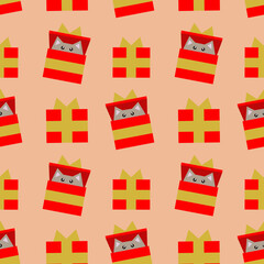 christmas gifts. kittens in a box. seamless pattern. festive red boxes with gold ribbons.