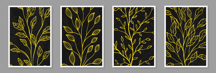 Creative minimalist Abstract art background with leaves branch and Hand Drawn doodle Scribble floral plants