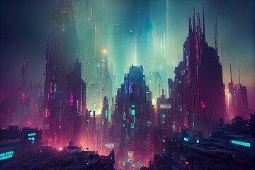 Fototapeta na wymiar Beautiful landscape of fantasy cityscape and colorful background, digital illustration art, fantasy scene concept. Cyberpunk. Great as wallpaper, backdrop or for use in your art projects.