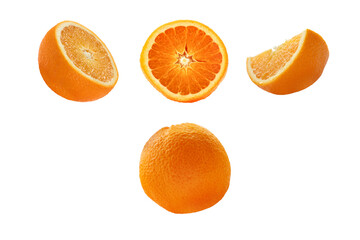 4 types of orange whole and cut on a transparent background.