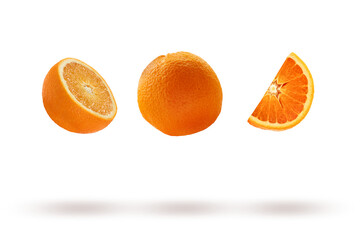 Different types of oranges with a shadow on a transparent background.