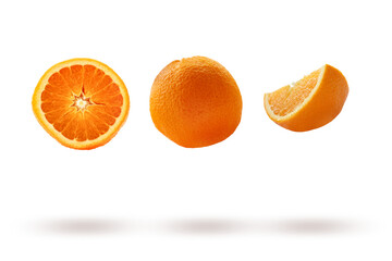 Oranges. Sliced ​​and whole orange on a transparent background in the air with a shadow.