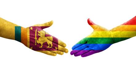 Handshake between Sri Lanka and LGBT flags painted on hands, isolated transparent image.