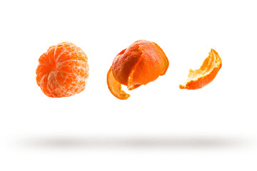 Different types of tangerines with a shadow on a transparent background. Food levitation,...