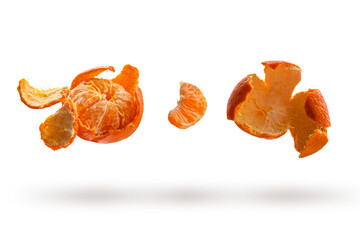 Different types of tangerines with a shadow on a transparent background. Food levitation,...