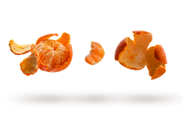 Different types of tangerines with a shadow on a transparent background. Food levitation, weightlessness concept, zero gravity.