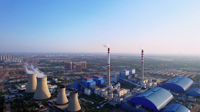 Aerial photography of coal-fired thermal power plants at dusk in Hohhot, Inner Mongolia, China