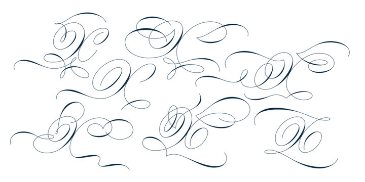 Set of beautiful calligraphic flourishes on capital letter X isolated on white background for decorating text and calligraphy on postcards or greetings cards. Vector illustration.