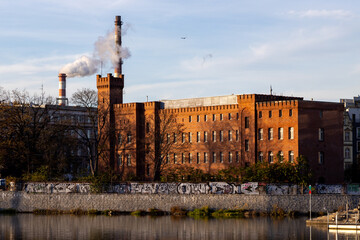 old brick building in autumn