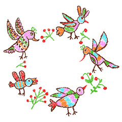 Tropical crazy fantastic frame with doodle birds. Crayon like kid`s hand drawn colorful bright funny jungle flying monsters. Vector pastel chalk or pencil childlike cartoon copy space art