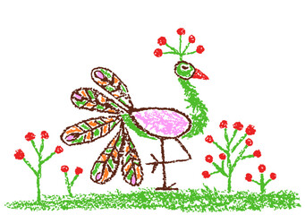 Tropical crazy fantastic doodle bird peacock or flamingo and flower meadow. Crayon like kid`s hand drawn colorful bright funny jungle flying monster. Vector pastel chalk pencil childlike cartoon art