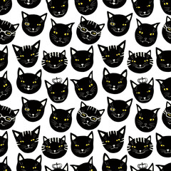 Seamless pattern with funny black cats muzzles set. Hand drawn cute kittens head clip art. Kitty breeds collection background. Vector artistic cartoon simple pets.