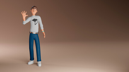 3d render of a Male character waving his hand. Banner with place for text. For business design, online platforms, sites. 3D model of a young friendly man who smiles and waves his hand.