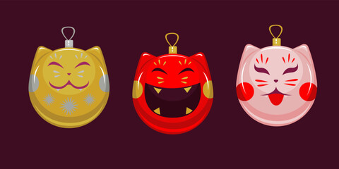 bright Christmas tree toys. cat heads. funny kittens. New Year's set. golden and red christmas balls