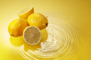 Ripe juicy lemons on a yellow background with water splashes.