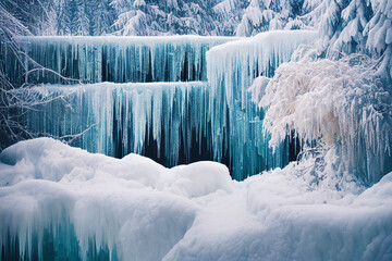 Frozen waterfalls in a gorgeous winter landscape, digital art