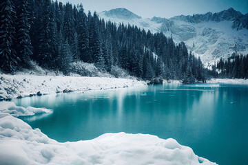Gorgeous winter frozen winter lake, digital art