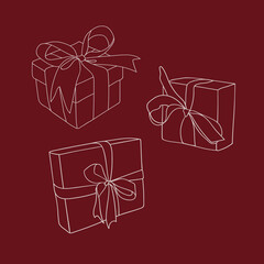 White Christmas gifts line art on red background. Surprise boxes outline vector illustration