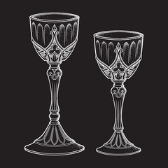 Gothic goblets or Holy grail set hand drawn line art and dot work vector illustration.