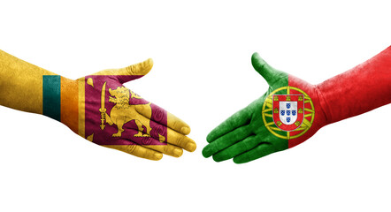 Handshake between Sri Lanka and Portugal flags painted on hands, isolated transparent image.