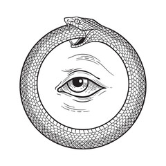 Ouroboros or uroboros serpent snake consuming its own tail and eye of provedence. Tattoo, poster or print design vector illustration