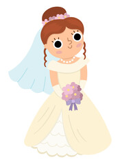 Vector bride illustration. Cute just married girl. Wedding ceremony icon. Cartoon marriage scene with newly married woman. Cute lady in bridal dress with vail, bouquet and flowers on head.