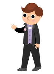 Vector groom illustration. Cute just married boy. Wedding ceremony icon. Cartoon marriage scene with newly married man. Cute gentleman in black suit with bow tie, vest, buttonhole with flower.