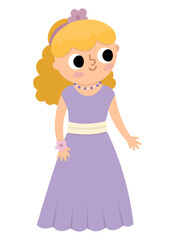 Obraz na płótnie Canvas Vector bridesmaid illustration. Cute blond girl in purple dress with flower in hair. Wedding ceremony icon. Cartoon marriage guest. Elegant woman picture. Cute lady in smart outfit.
