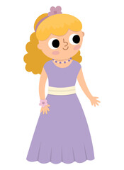 Vector bridesmaid illustration. Cute blond girl in purple dress with flower in hair. Wedding ceremony icon. Cartoon marriage guest. Elegant woman picture. Cute lady in smart outfit.