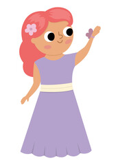 Vector bridesmaid illustration. Cute red hair girl in purple dress with flower. Wedding ceremony icon. Cartoon marriage guest. Elegant woman picture. Cute lady in smart outfit