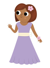 Vector bridesmaid illustration. Cute dark skin and hair girl in purple dress with flower. Wedding ceremony icon. Cartoon marriage guest. Elegant woman picture. Cute lady in smart outfit.