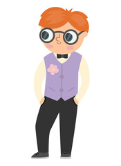 Vector bridegroom illustration. Cute red hair boy in glasses and purple vest with flower. Wedding ceremony icon. Cartoon marriage guest. Elegant man picture. Cute gentleman in smart suit.