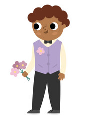 Vector bridegroom illustration. Cute dark skin and hair boy in glasses and purple vest with flower. Wedding ceremony icon. Cartoon marriage guest. Elegant man. Cute gentleman in smart suit