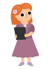 Vector wedding registrar illustration. Cute red heir girl in purple suit with flower. Official ceremony icon. Cartoon marriage guest. Elegant woman picture. Cute lady in smart outfit.