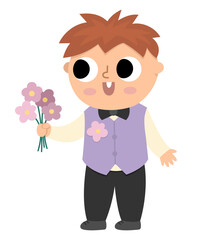 Vector little bridegroom illustration. Cute tiny boy in purple vest with flower bouquet. Wedding ceremony kid icon. Cartoon marriage guest. Elegant baby. Cute gentleman in smart suit.