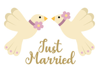 Vector wedding doves with flowers and just married inscription. Cute marriage clipart element. Newly married couple birds. Cartoon ceremony symbol illustration.