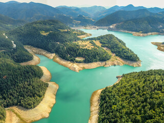 Aerial view of  Zaovine lake - obrazy, fototapety, plakaty
