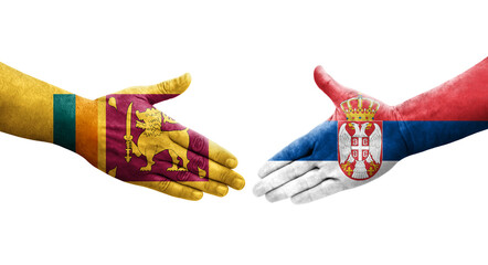 Handshake between Sri Lanka and Serbia flags painted on hands, isolated transparent image.