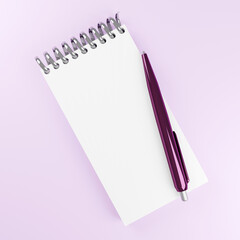 White notepad with purple pen. Minimal 3d illustration on soft pink background top view
